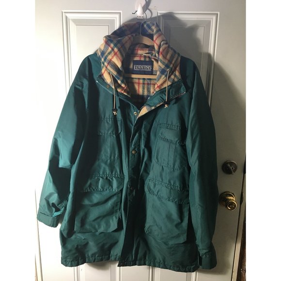 Lands End Direct Merchant green with plaid interior zip front hooded jacket - Picture 1 of 7